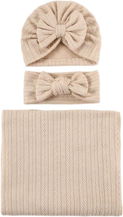 Babydeken voor meisjes - Warm en comfortabel - Wordt geleverd met bijpassende strikmuts en strikhoofdband - Geschikt voor pasgeborenen -kaki