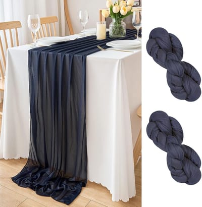 Solidchoice - Donkerblauwe Chiffon Tafel Runner - Decoratieve Tafelkleed voor Feestelijke Gelegenheden (77 x 300cm, 2 stuks)
