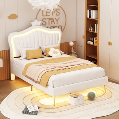 Zubaliya Kinderpolsterbed - 90x200 cm Wit - Kroonontwerp - LED-Verlichting - PU-Leder