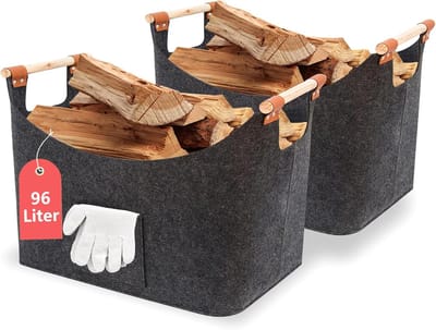 Houten manden - Opbergtas vilten - Haardhout opslag - Set van 2 - 90 liter - Zwart