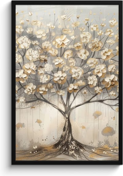Poster in lijst - Fotolijst 60x90 cm - Posters - Boom - Beige - Goud - Verflook - Grijs - Posterlijst zwart - Decoratie - Wanddecoratie woonkamer - Muurdecoratie slaapkamer