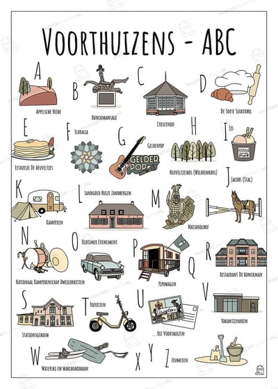 ABC Poster Voorthuizen - 50 x 70 cm - Educatieve Letterposter met Handgetekende Illustraties - Kinderkamer & Wanddecoratie - Woondecoratie - Relatiegeschenk