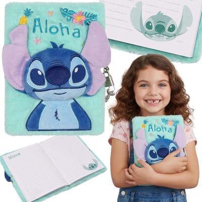 DISNEY Stitch PLUCH notitieboekje voor meisjes, dagboek MET SLEUTEL, A5 gelinieerd schoolnotitieboekje