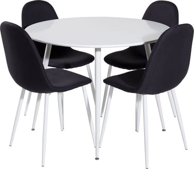 PlazaWHWH100 eethoek eetkamertafel wit en 4 Polar eetkamerstal zwart, wit.