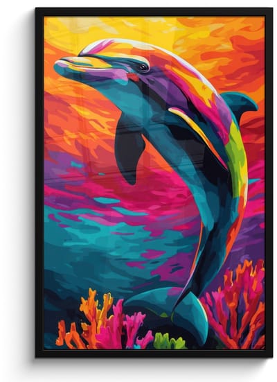 Poster in lijst - Fotolijst 60x90 cm - Posters - Dolfijn - Kleurrijk - Oceaan - Koraal - Posterlijst zwart - Decoratie - Wanddecoratie woonkamer - Muurdecoratie slaapkamer