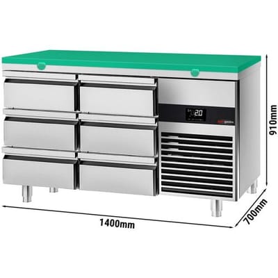 GGM Gastro Kühltisch PREMIUM - 1400x700mm - mit 6 Schubladen - inkl. Schneideplatte Grün