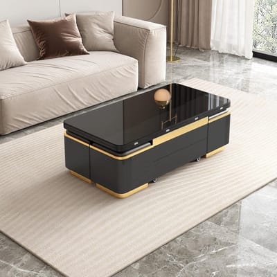 Salontafel 120x60x40 cm Uitschuifbaar & In Hoogte Verstelbaar met Opbergruimte, 4 Krukken en Lift-Top Tafelblad - Multifunctionele Eettafel, Bureau en Woonkamertafel Zwart - Mobili Bella