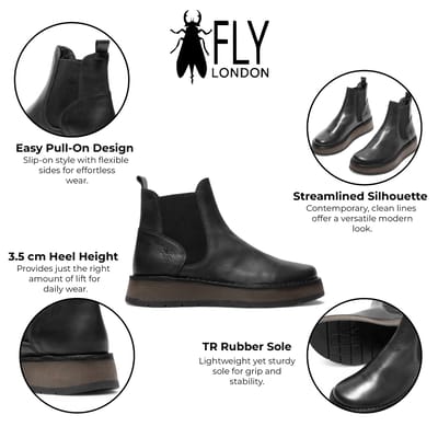 Fly London Dames Zwarte RAWI131 Chelsea Leren Enkellaarsjes met Klassieke Comfort