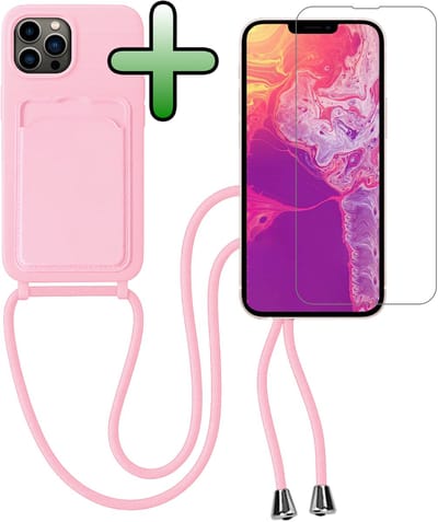 Hoes Geschikt voor iPhone 13 Pro Hoesje Pas Houder Case Hoes Met Koord Met Screenprotector - Hoesje Geschikt voor iPhone 13 Pro Hoes Met Telefoonkoord Pasjeshouder Cover - Lichtroze
