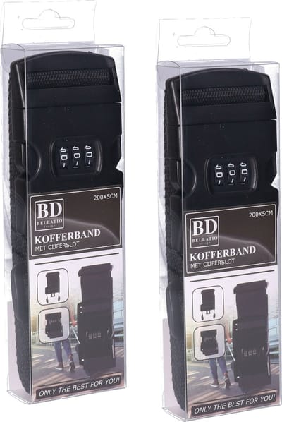 Bellatio design Bagageriem - 2x - zwart - kofferriem met cijferslot - 200 x 6 cm - verstelbaar