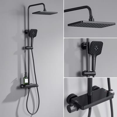 Lonheo max Regendouche met Thermostaatkraan - Douchesysteem Set - Hoofddouche en Handdouche - Douchekop met 150cm slang - 360° Draaibaar - Zwart
