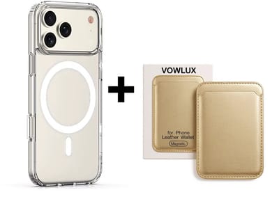 VOWLUX Compatible MagSafe Hoesje voor iPhone 17 Pro Transparant – Inclusief Gouden Wallet Pasjeshouder – 24 Magneten – Kunstleer – 3 Kaarten – Shockproof Case