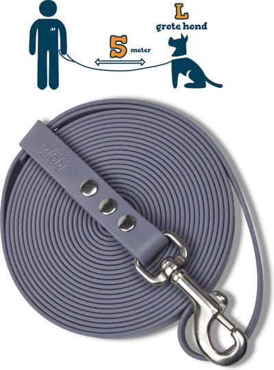 Miqdi lange lijn – BioThane® - grijs – 5meter lang – 19mm breed – L/XL - grote hond – lange hondenriem