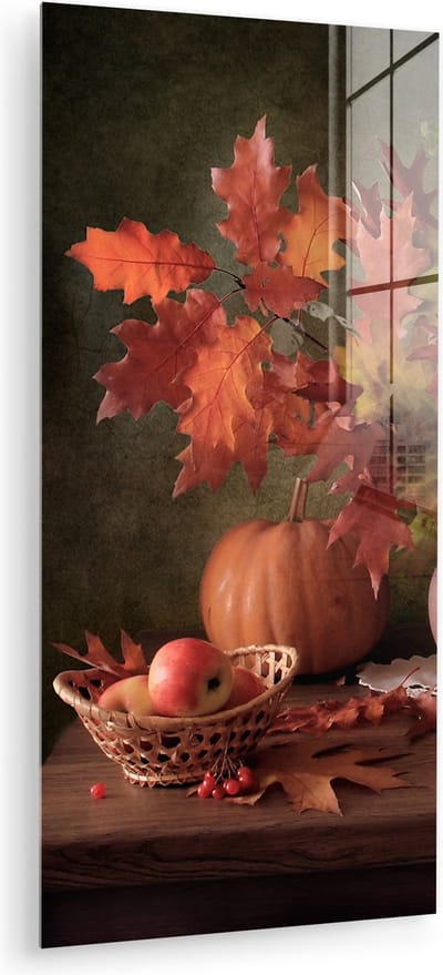 MuchoWow® Glasschilderij 60x120 cm - Schilderij acrylglas - Stilleven - Pompoen - Bladeren - Appel - Kersen - Herfst - Foto op glas - Muurdecoratie woonkamer - Wanddecoratie slaapkamer - Schilderijen