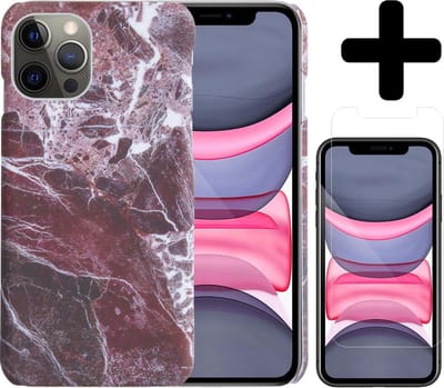 Hoesje Geschikt voor iPhone 11 Pro Hoesje Marmer Case Hard Cover Met Screenprotector - Hoes Geschikt voor iPhone 11 Pro Case Marmer Hoesje Backcover - Rood