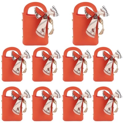 Dailygoods - CALFOVERA 10 stuks oranje snoepzakjes van PU-leer met handvat, herbruikbaar, voor bruiloften, verjaardagen en kerstfeesten.