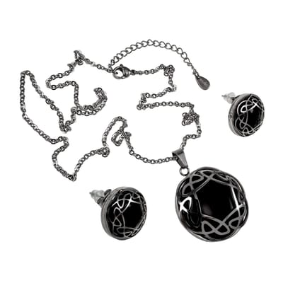 Dames Set: Kabelketting & Oorbellen met Zwart Cabochon, Gepolijst Roestvrij Staal - Verstelbaar 50-55 cm - esde2 Ontwerp
