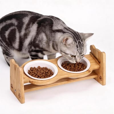 Verhoogde Hondenbak - Voederstation Huisdier - Comfortabel Eten - In Hoogte Verstelbaar - 2x 150 ml - Natuurlijk Hout Wit
