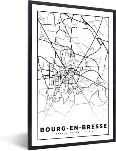 Fotolijst incl. Poster Zwart Wit- Stadskaart – Frankrijk – Kaart – Bourg-en-Bresse - Plattegrond - Zwart wit - 40x60 cm - Posterlijst