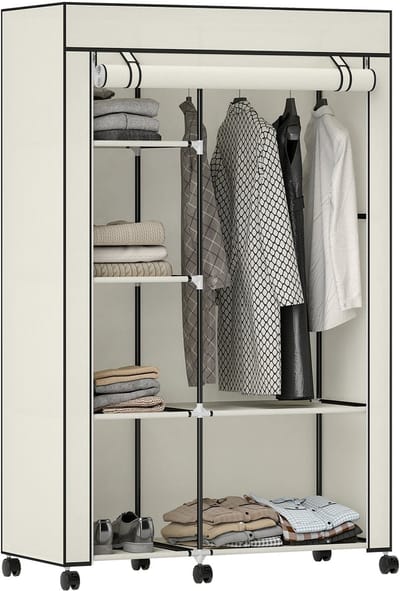 HOMCOM Stoffen kledingkast-Staal, vliesstof-103L x 43B x 162,5H cm-Crème