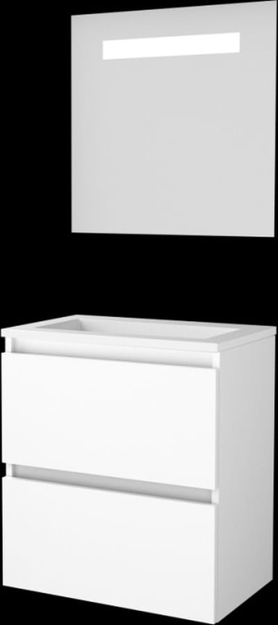 Basic-Line Economic 39 Badkamermeubelset - Ondiep - 60 x 39 cm - Greeploos - 2 Lades - Acryl Wastafel - Zonder Kraangat - Spiegel met LED Verlichting - Ice White