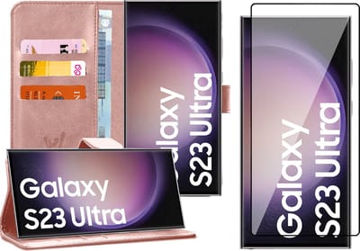 Hoesje geschikt voor Samsung Galaxy S23 Ultra - Screen Protector FlexGuard - Book Case Kunstleer Pasjeshouder Roségoud & Screenprotector