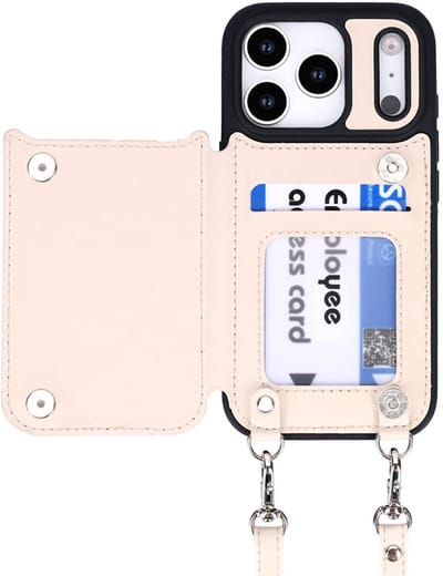 CaseBoutique Backcase hoesje geschikt voor iPhone 17 Pro Max - Effen Beige - Kunstleer - Crossbody Hoesje Koord - Pasjeshouder voor 3 passen - Ritsvakje