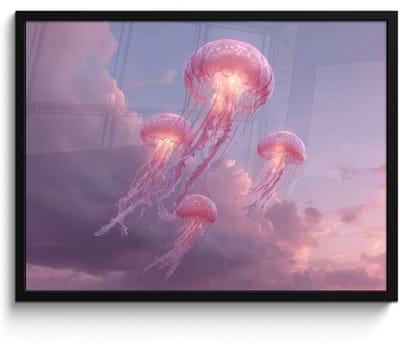 Poster in lijst - Fotolijst 80x60 cm - Posters - Kwallen - Roze - Wolken - Posterlijst zwart - Decoratie - Wanddecoratie woonkamer - Muurdecoratie slaapkamer