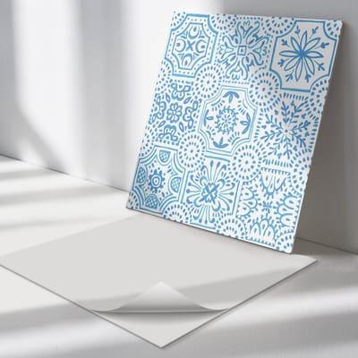 Wallfluent Vinyl Tegels - Geruite Keramische Patronen Vinyl Vloer Tegels - 30 cm x 30 cm - Blauw PVC Tegels - Set van 9 - Vierkant PVC Tegels - Patroon Plaktegels - Zelfklevende Vinyl Tegels - Plaktegels Keuken en Badkamer