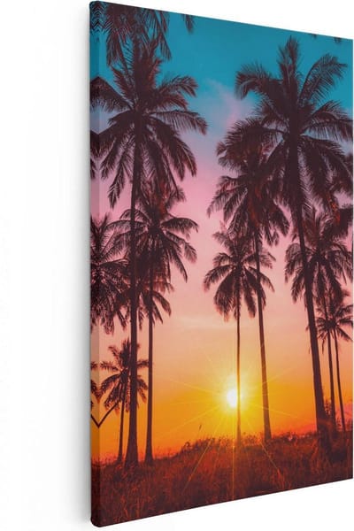 Artaza Canvas Schilderij Zonsondergang Strand - 20x30 cm - Klein - Wanddecoratie Palmboom - Muurdecoratie Zee - Kamer Accessoires