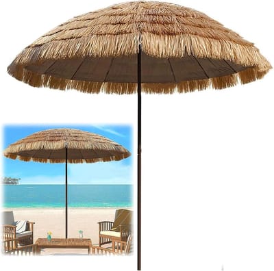 Natuurlijke Rieten Strand- en Tuinparasol 1,8–2m Kantelbaar 45° UV-Bescherming Draagbare Vouwparasol voor Terras, Strand & Camping