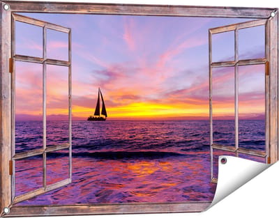 Gards Tuinposter Doorkijk Zeilboot Silhouet bij Zonsondergang - 90x60 cm - Tuindoek - Tuindecoratie - Wanddecoratie buiten - Tuinschilderij