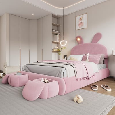 Kinderbed - tweepersoonsbed - konijnenoren met instelbare helderheid - met opbergruimte - 2 opbergkrukken - roze - 140x200cm - zonder matras