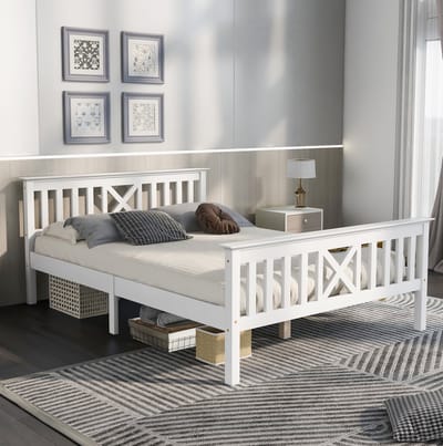 Houten tweepersoonsbed, inclusief bedframe met lattenbodem en hoofdbord - 140 x 200 cm, massief grenenhout, kinderbed, tienerbed, wit.