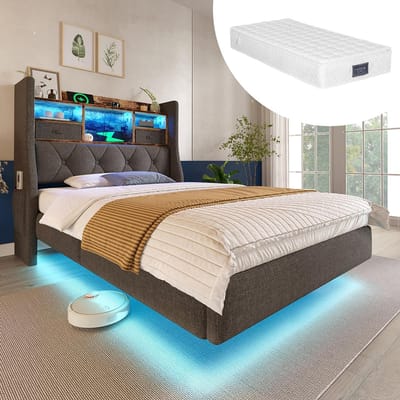 Pugsdrly Gestoffeerd bed 90x200 cm Hangend bed met ledverlichting, hoofdeinde en oplaadstation (1 Type-C-poort, 3 USB-poorten), modern eenpersoonsbed met hoofdeinde met opbergruimte en lattenbodem, linnen, grijs (met matras)