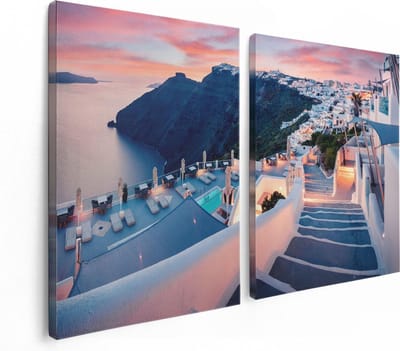 Artaza Canvas Schilderij Tweeluik Luxe Huisjes aan de Kust in Fira, Griekenland - 120x80 - Foto Op Canvas - Canvas Print