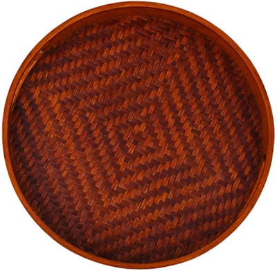Decopatent - Bamboe Dienblad Rond - Diameter: 27 Cm - Dienblad met handvaten - Schaal - Presenteerblad - Serveerschaal - Woonaccessoires - Gevlochten Donker Bamboe Riet - Afm: 27 x 27 x 3.8 Cm.