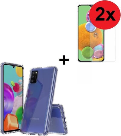 Geschikt voor Samsung Galaxy A41 hoes TPU Silicone Case hoesje met versterkte randen Transparant + 2x Screenprotector Tempered Gehard Glas (2 stuks) Pearlycase