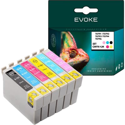 Evoke Compatibele Inkt voor Epson T0791 T0792 T0793 T0794 T0795 T0796 79XL 6X: Zwart, Cyaan, Magenta, Geel, Lichtcyaan, Lichtmagenta 108 ml 4560 Pagina's Stylus Photo Px650 660 700W 710W 720Wd 730Wd