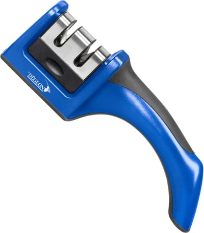 Déglon Handmatige messenslijper – Tweestaps slijpproces – Ergonomisch ontwerp – Blauw – 19 cm