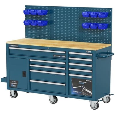 HBM werkbank 158 cm met 10 laden, deur en achterwand, blauw