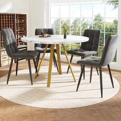 MODENUIT Eetkamerset 80 x 80 cm - Ronde Tafel en 4 Stoelen - Voor Eetkamer en Keuken - MDF Metaal Fluweel - Wit Goud