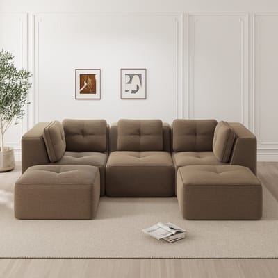 REDOM - Modulaire Hoekbank - Diepe Zitting - Modern - Voor Woonkamer - Ribstof - Bruin - 74 Cm