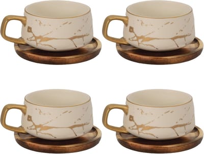 Intirilife 4x Kop keramiek met marmerdesign in Wit - ongeveer 200 ml - Koffiemok, theemok met houten onderzetter Mok