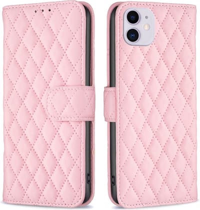 BINFEN Hoesje - Geschikt voor iPhone 11 Hoesje - BINFEN Rhombus Book Case - Roze