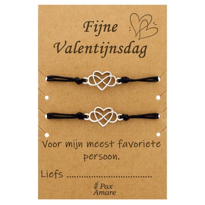Koppel Armbandjes voor 2 "Fijne Valentijnsdag" - Hartje in Oneindigheidsteken - Vriendschapsarmbandjes met Persoonlijk Cadeau Kaartje - Zilverkleurig - Elastisch Verstelbaar - Pax Amare