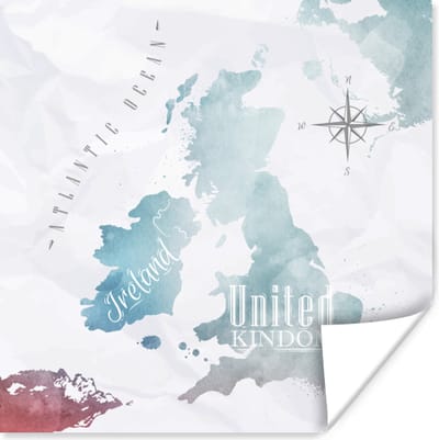Poster 30x30 cm - Waterverf - Wereldkaart - Engeland - Posters - Kamer decoratie - Wanddecoratie woonkamer - Muurdecoratie slaapkamer