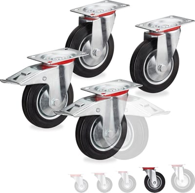 zwenkwielen set van 4 - Ø 160 mm - kogellager - draaglast 400 kg - met rem - zwart