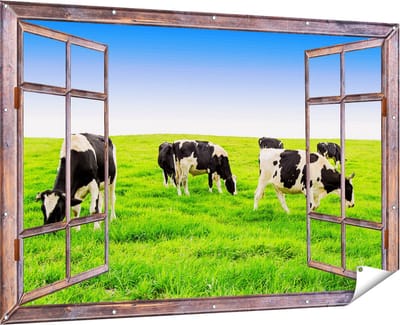 Gards Tuinposter Doorkijk Kudde Koeien in de Wei - Hemel Blauwe Lucht - 180x120 cm - Tuindoek - Tuindecoratie - Wanddecoratie buiten - Tuinschilderij