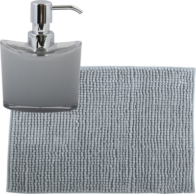 MSV badkamer droogloop mat/tapijtje - 40 x 60 cm - en zelfde kleur zeeppompje 260 ml - lichtgrijs